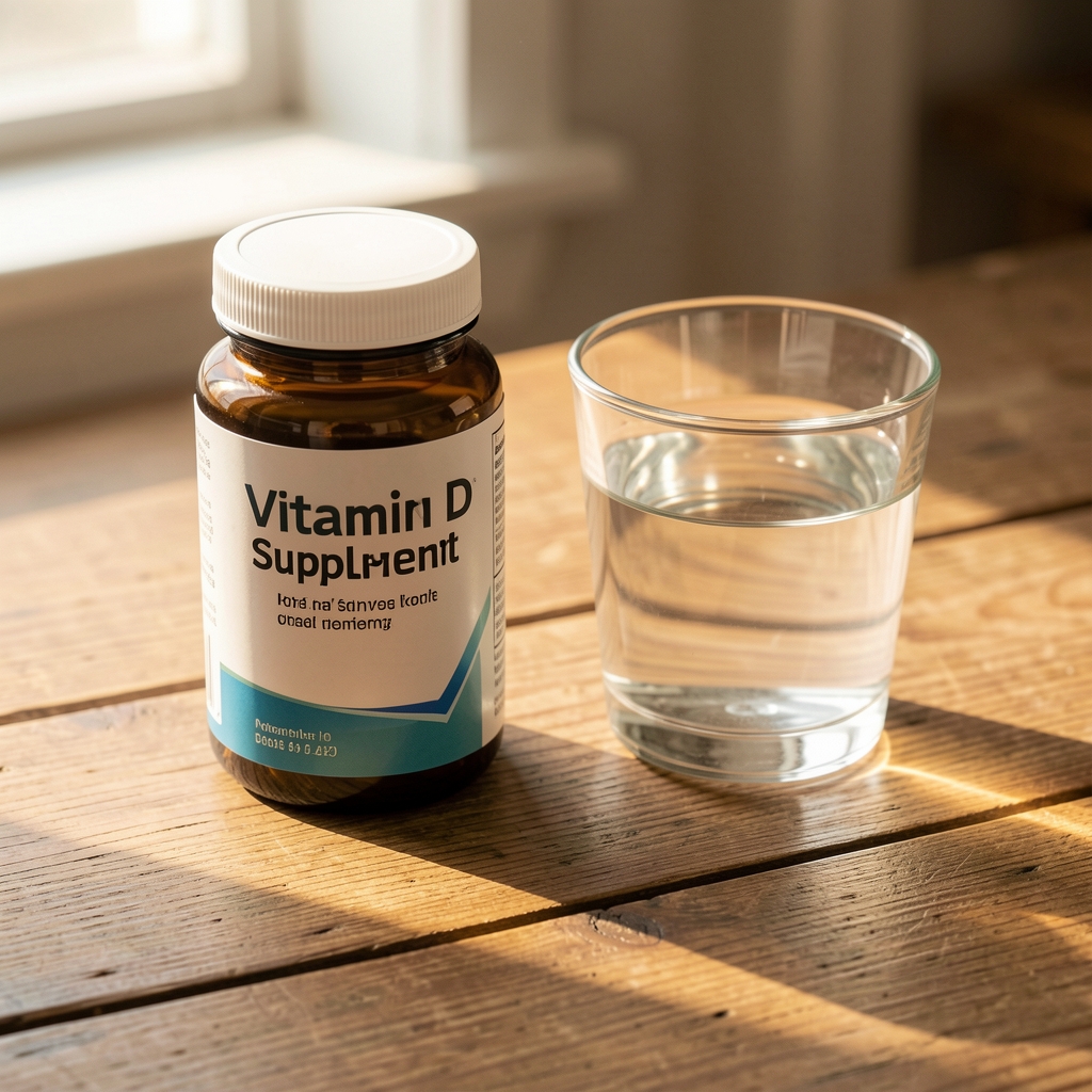 Vitamin D supplement container and a glass of water on a wooden desk, warm morning light, editorial flat lay composition