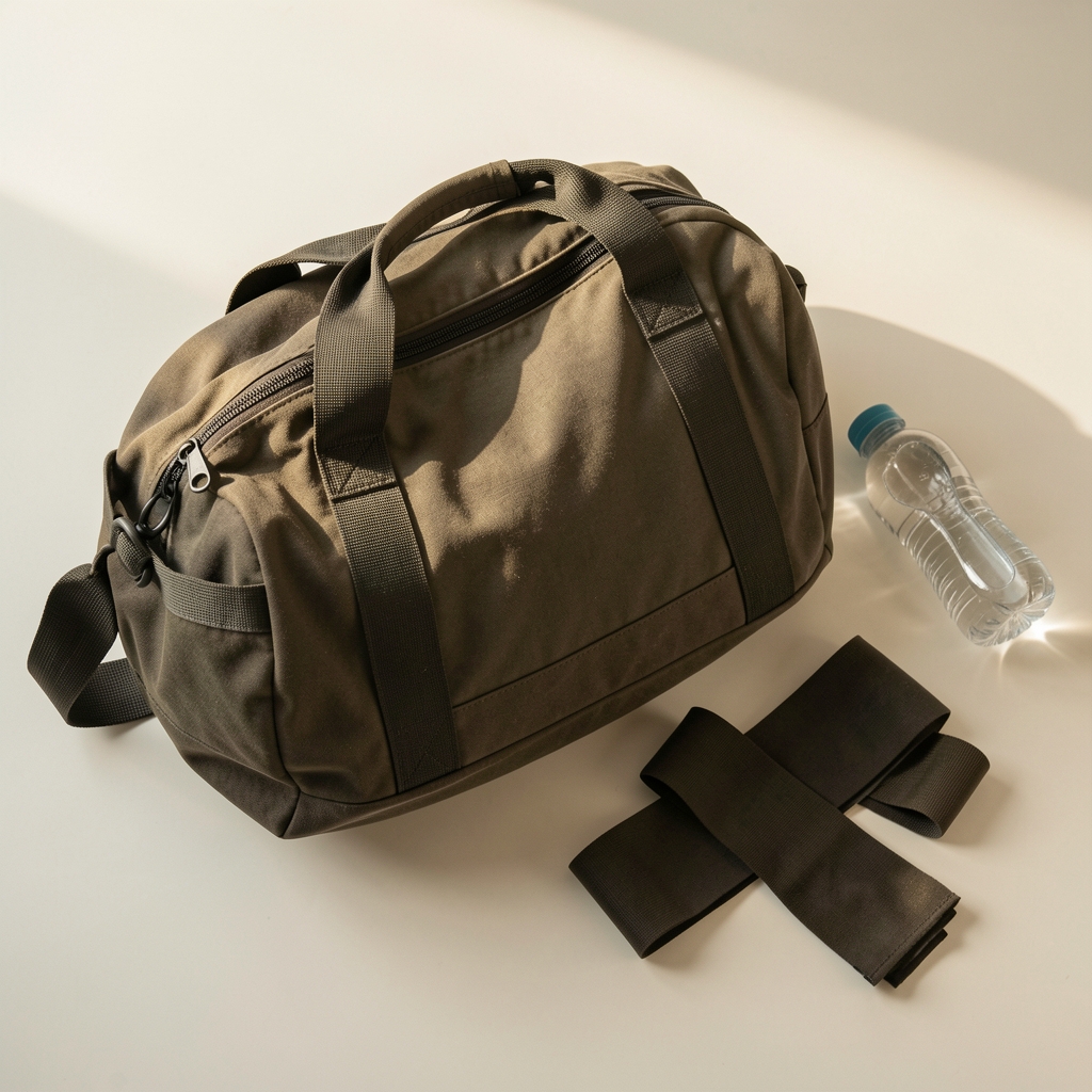 Gym bag, water bottle, and resistance band on a clean light surface, editorial flat lay, morning training preparation