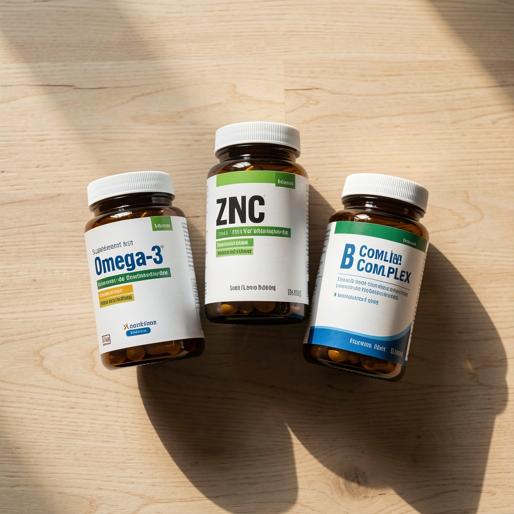 Supplement containers labelled omega-3, zinc, and B complex arranged on a light wooden surface, morning light, editorial flat lay from above
