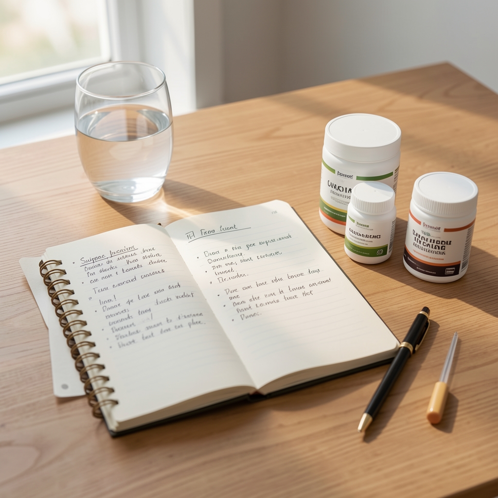 Open notebook with handwritten supplement tracking notes beside a glass of water and three supplement containers, soft morning light on a wooden desk