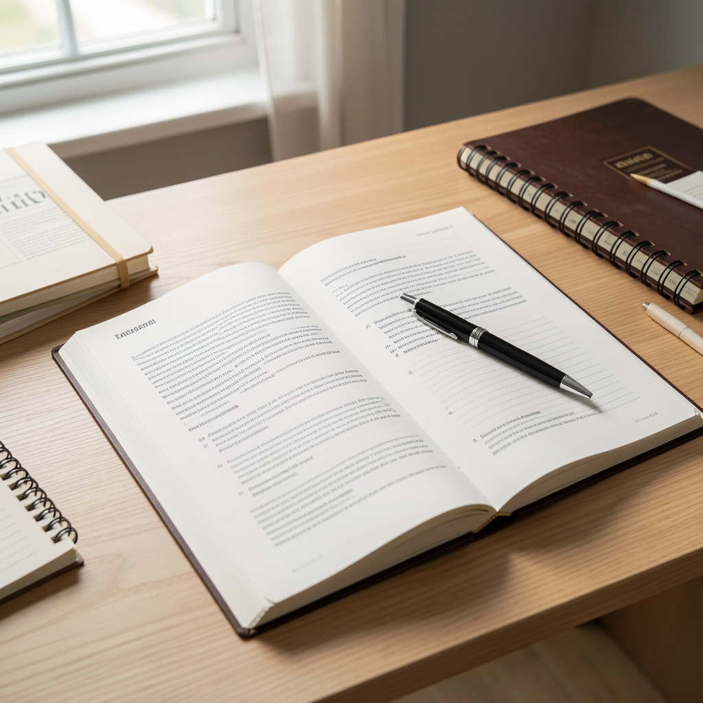 Open editorial style guide and reference notebooks on a light desk, pen resting across the page, morning light, overhead angle